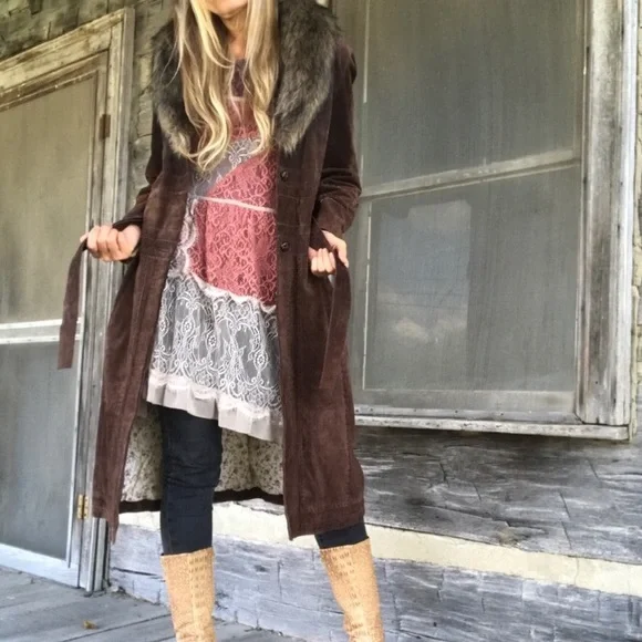 Wilsons Leather suede Brown Trench Coat with Faux Fur Collar - Picture 3 of 12